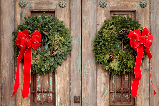 Holiday wreaths on rustic wooden doors
