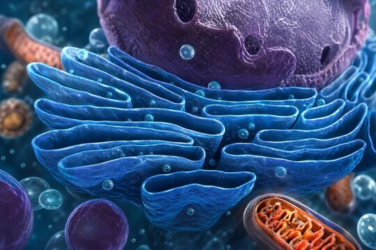 Magnified 3d illustration of smooth endoplasmic reticulum highlighting lipid synthesis, detoxification with cytochrome p450, and calcium storage within a cell