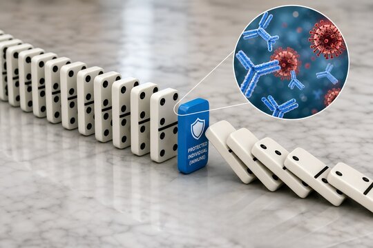 Domino chain representing immune response, with antibodies as protective shields blocking viral particles and stopping infection spread, symbolizing immune defense