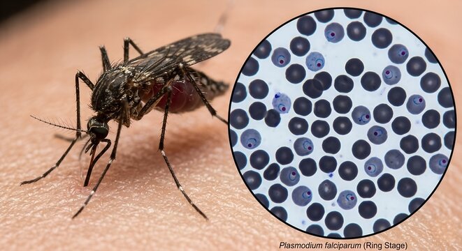 Mosquito biting human skin with a magnified inset showing plasmodium falciparum ring-stage trophozoites inside infected red blood cells, representing malaria transmission
