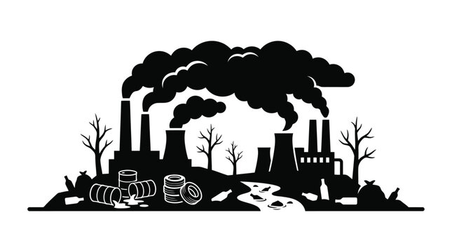 industrial pollution silhouette with factory smokestacks and waste