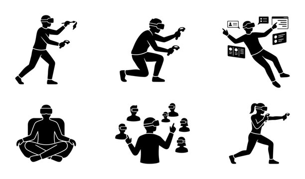 Virtual Reality Experience Vector Icon Set. Immersive VR Gaming and Metaverse Interaction. Digital Future Technology and Augmented Reality Lifestyle. Black Silhouette Graphics for UI/UX Design.