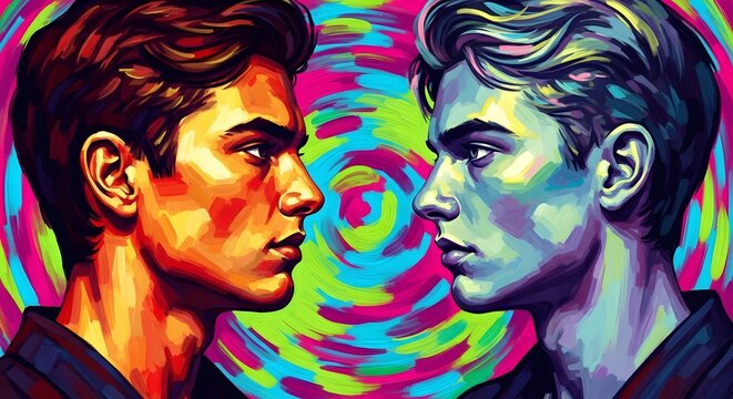Psychological portrait of two individuals facing each other with a vibrant abstract background creating a sense of duality and introspection