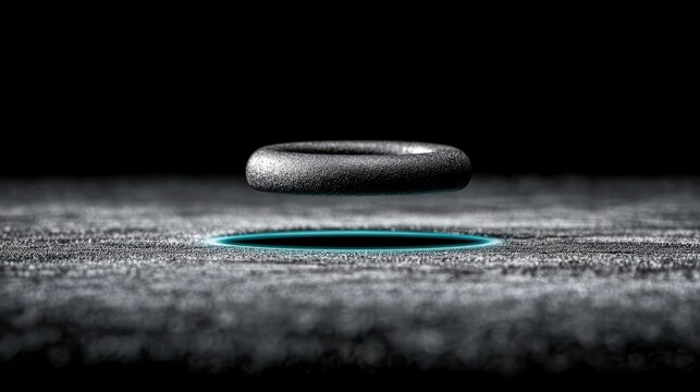 Magnetic Levitation: A ring-shaped object levitates above a textured surface, emitting a faint blue glow, hinting at advanced technology and scientific principles.
