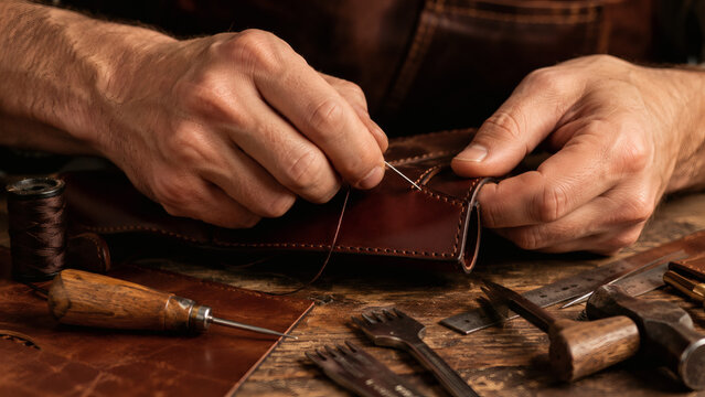 Craftsman hands working on leather at workbench
