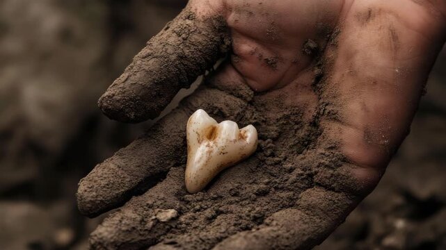 Hand holding a dirty, broken tooth