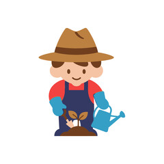 Fototapeta premium Gardener planting a seedling with a watering can, cartoon style