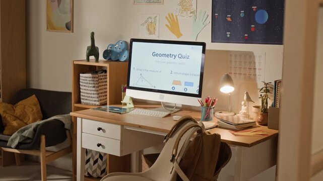 Wide shot of desktop computer with online geometry quiz in boys bedroom, chair with schoolbag, bookcase, posters on wall, suggesting homework, hybrid study, edtech, education resource, e-learning
