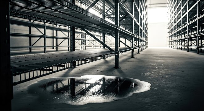 Industrial Wire Shelving Rows with Reflective Puddle Under Harsh Light