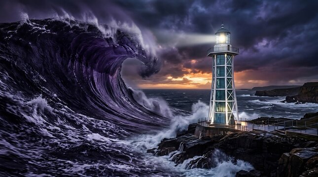 A modern lighthouse stands strong against a massive stormy wave on a rocky coastline at sunset