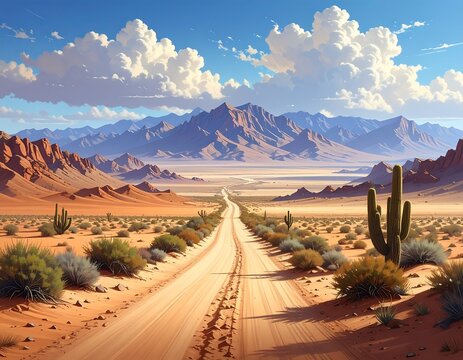 A scenic vista of a desert landscape featuring a long road leading toward a distant mountain range under a cloudy sky