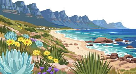 Beautiful coastal landscape vector illustration with mountains, ocean, and diverse flora, perfect for travel and nature themes © Purnomo