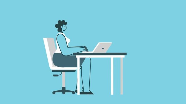 Flat vector illustration of a businesswoman working on a laptop at her desk in a modern office environment
