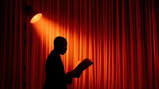 Stage Presence: A lone figure, silhouetted against dramatic red curtains, stands illuminated by a single spotlight, engrossed in reading.