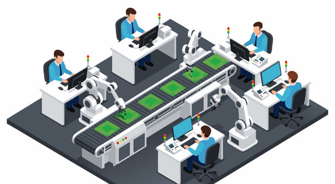 Modern automated factory assembly line illustration with robots and people working, industry 4