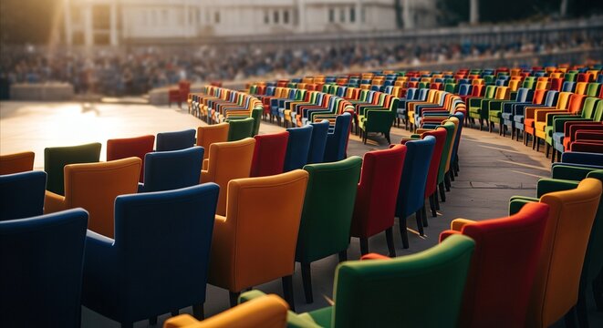 Colorful empty armchairs arranged in rows on an outdoor stage at golden hour, ready for a performance or event.
