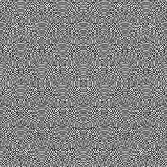 Fish scale wallpaper. Asian traditional ornament with repeated scallops. Repeated black circles and semicircles on white background. Seamless surface pattern design with rings. Vinyl motif. Vector. © funkyplayer