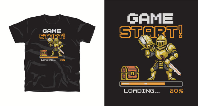 Retro pixel art knight gaming character for t-shirt design with game start text.