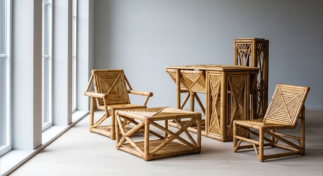 Natural bamboo furniture set with geometric patterns in a minimalist interior with soft natural light