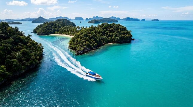 Speedboat cruising through turquoise waters near tropical islands on a sunny day