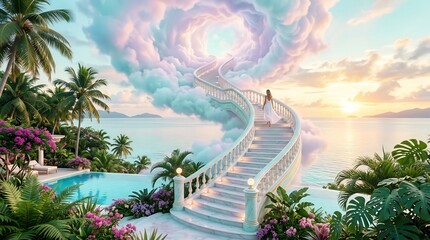 Fototapeta premium Woman ascends surreal staircase into clouds at tropical resort during sunset