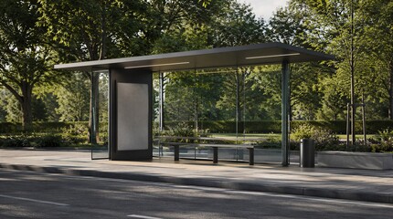 Fototapeta premium Modern bus stop in daylight, with urban greenery and space for text