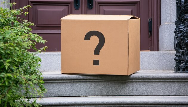 A mysterious cardboard box with a question mark sits on front steps