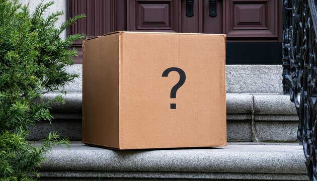 A mysterious cardboard box with a question mark sits on front steps