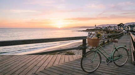 Fototapeta premium Vintage bicycle parked on a serene boardwalk at sunset by the ocean with a scenic view