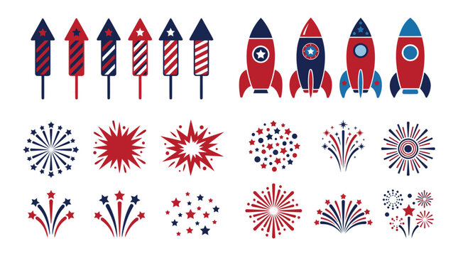 Collection of festive firework rockets and celebration elements in patriotic colors. Patriotic fireworks and rockets collection in red white and blue colors for independence day celebration
