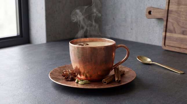 Steaming cup of chai tea with spices on a copper plate and saucer on a gray countertop