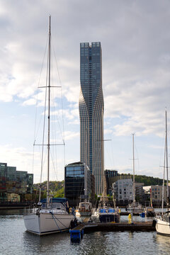 The tallest building in Scandinavia Karlatornet skycraper from Lindholmen harbor on Gota river on May 10, 2025 in Gothenburg, Sweden.