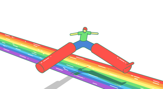 Conceptual image of a person with giant red inflatable legs balancing on a bright rainbow beam, representing overcoming challenges and finding joy.