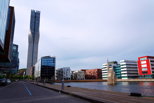 he tallest building in Scandinavia Karlatornet skycraper from Lindholmen harbor on Gota river on May 13, 2025 in Gothenburg, Sweden.