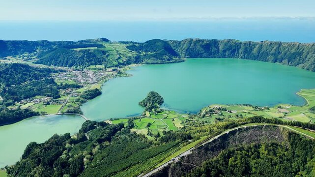 Aerial view over Rasa and Santiage lakes at impressive Sete Cidades in volcanic craters in scenic landscape