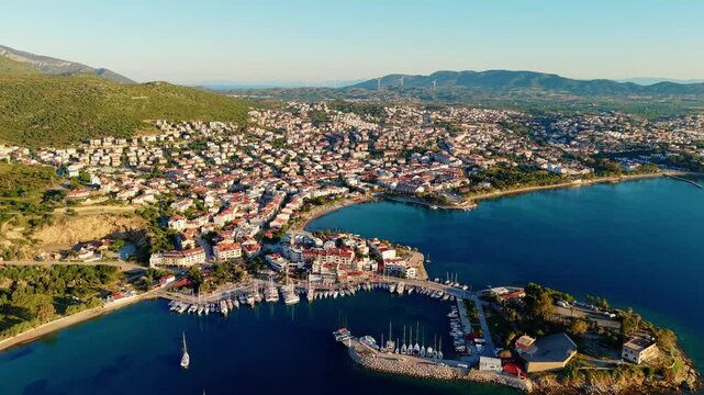 Aerial view of coastal town harbor and marina of Datcha Turkey.