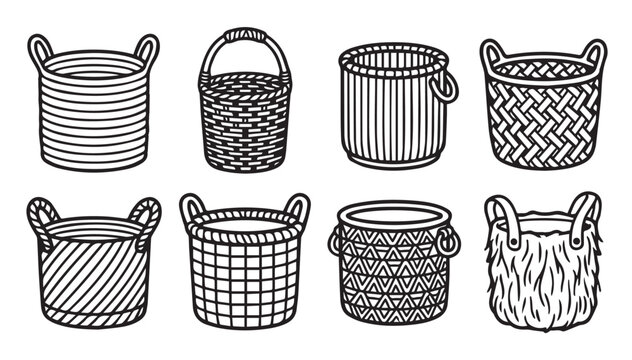 Assorted woven baskets with handles in a clean studio setting with simple line art style