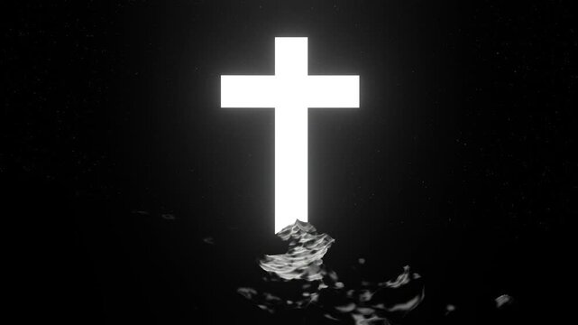 Glowing Cross of Jesus Christ Rising from Dark Sea Waves