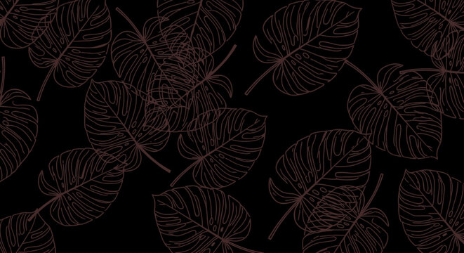 Artistic illustration of dark brown monstera leaves on a black background, abstract natural pattern