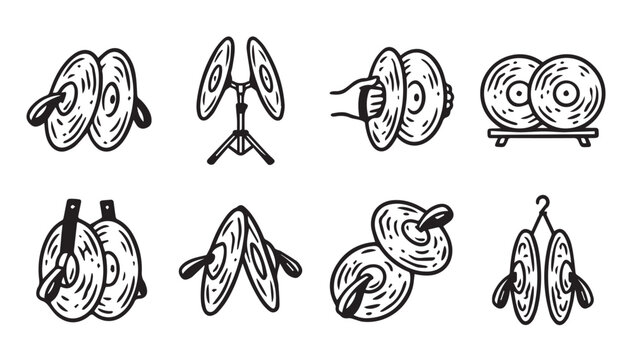 Cymbal set with various handheld and mounted musical percussion instruments in a clean line drawing style