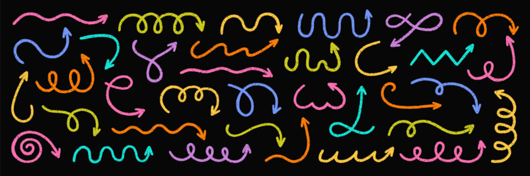 Arrow squiggly chalk doodle and crayon pencil comic symbols. Direction pointers set with grange texture in sketch style. Hand drawn vector illustration isolated on black background