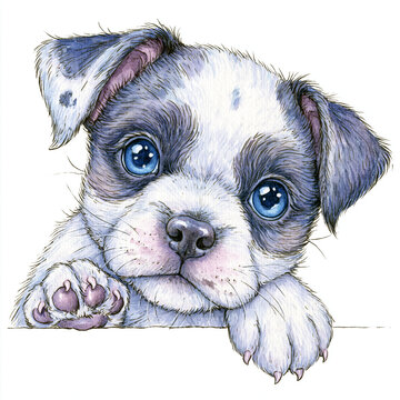 Cute adorable puppy, peeking from behind a wall