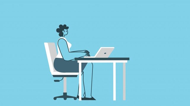 Businesswoman working on a laptop at her desk, professional office environment, flat vector illustration