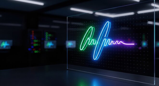 Abstract neon signature visualization on a transparent screen in a futuristic cybersecurity workspace, symbolizing data security and innovation