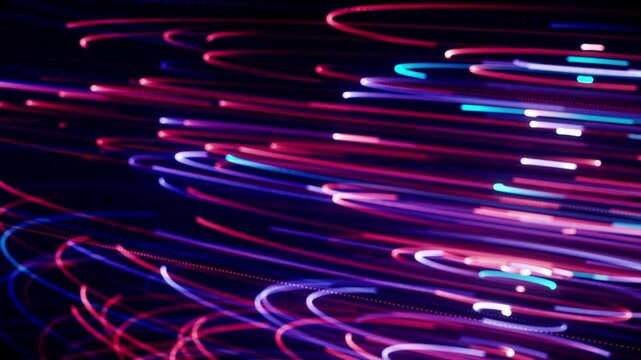 Neon digital light trails with futuristic fintech data flow and cyber motion background