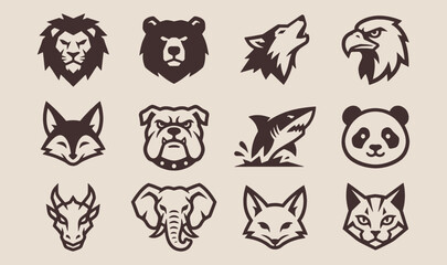 Obraz premium Collection of 12 Minimalist Animal Head Mascot Logos for Branding and Esports