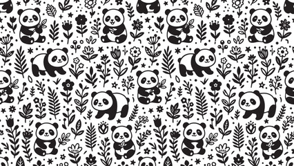 Seamless pattern featuring cute panda bears with floral botanical elements in a playful hand drawn vector illustration style design © Ajoy
