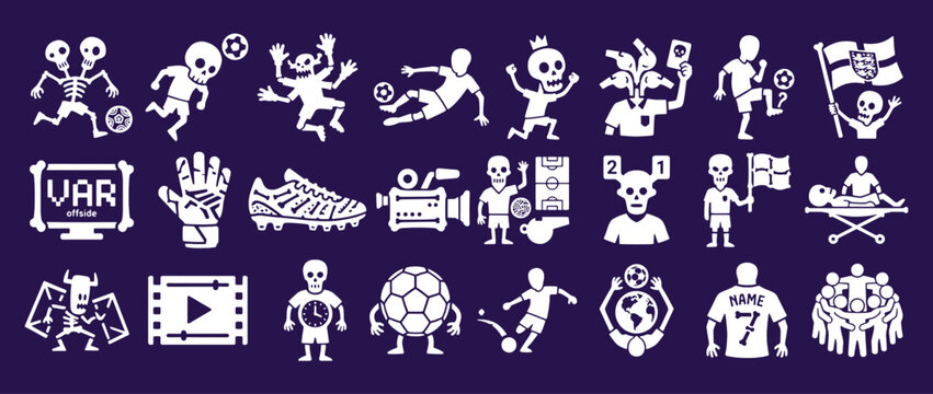 Spooky Halloween Soccer and Football Icon Set with Skeletons in Pixel Art Style