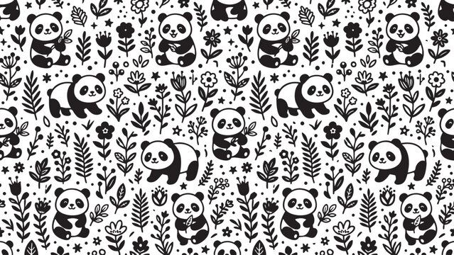 Seamless pattern featuring cute panda bears with floral botanical elements in a playful hand drawn vector illustration style design