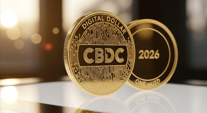 Golden CBDC coin with 'Digital Dollar' and '2026' marking, symbolizing future finance and Central Bank Digital Currency innovation on glass